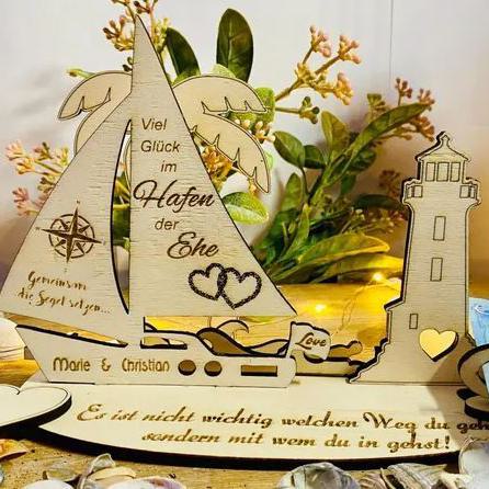 Hochzeit Hochzeitsgeschenk Segelboot Jacht Schiff Leuchtturm Palme Geldgeschenk Holz Eigener Text Handarbeit Halter Geldscheine Geschenk A17