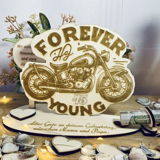 Geldgeschenk - Geburtstag - Forever Young - Verschiedenen Motive Aus Holz - Gutschein - Personalisiert - Eigener Text - Happy Birthday