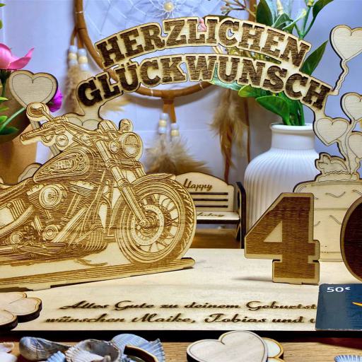 Geldgeschenk Geburtstag Motorrad Strandkorb Ballons - Aus Holz - Gutscheinhalter Mann Frau Groß mit Parkbank Bäume 18 20 30 40 50 55 60 70