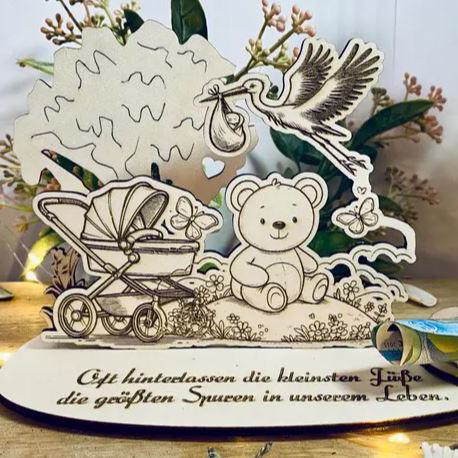 Geldgeschenk Gutschein Baby Geburt Schwangerschaft Nachwuchs Adoption Geschenk Geburt - Holz Eigener Text Lasergraviert - A18